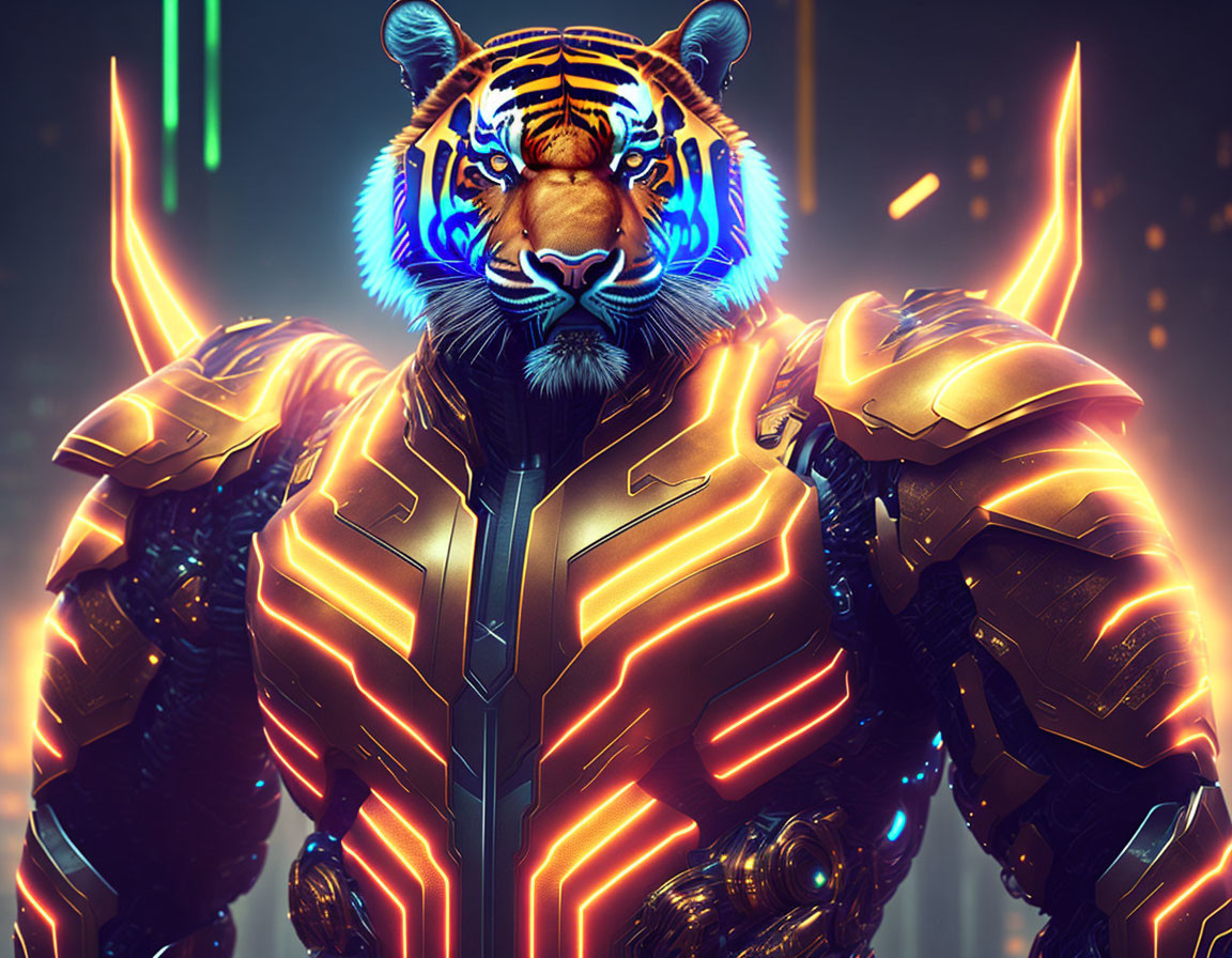 Tiger-headed humanoid in futuristic armor on cybernetic background