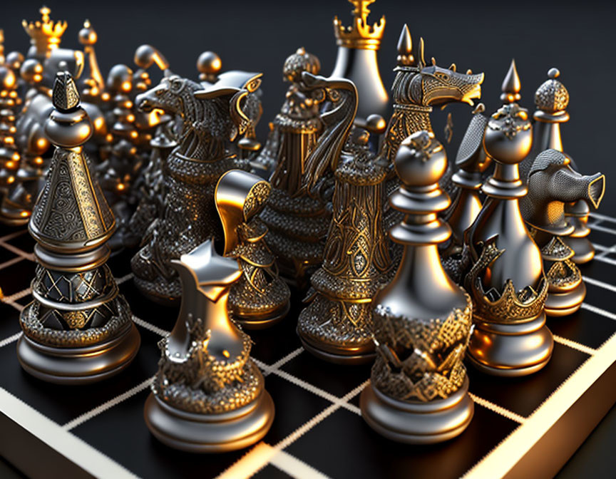 Luxurious Chess Set with Ornate, Intricate Designs on Board