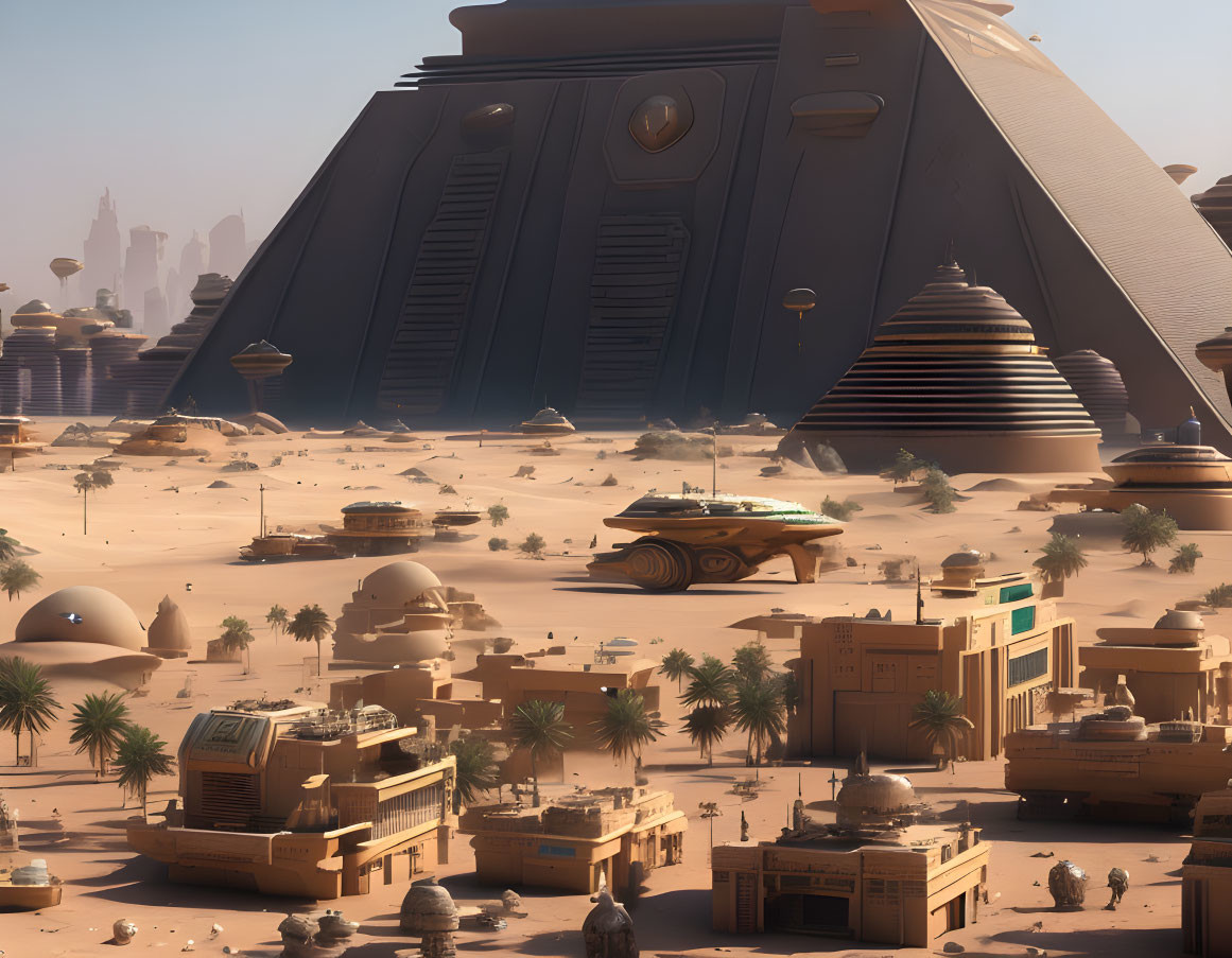 Futuristic desert city with pyramidal structures and flying vehicles