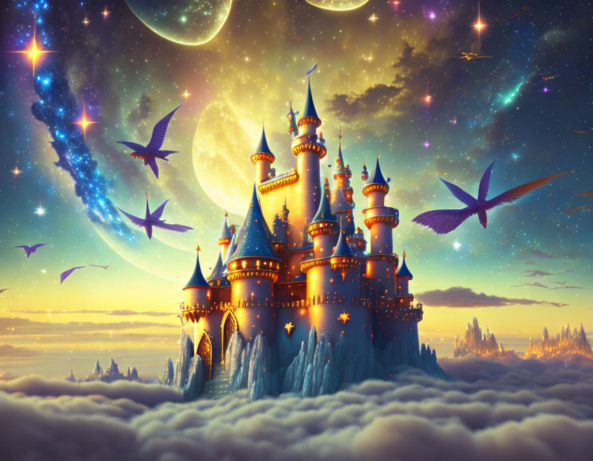 Fantastical castle with spires in cosmic sky.