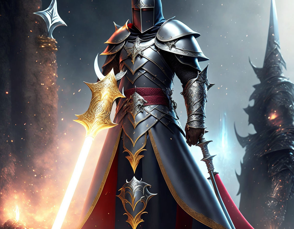 Knight in ornate armor with glowing sword amidst dark shapes and fiery backdrop