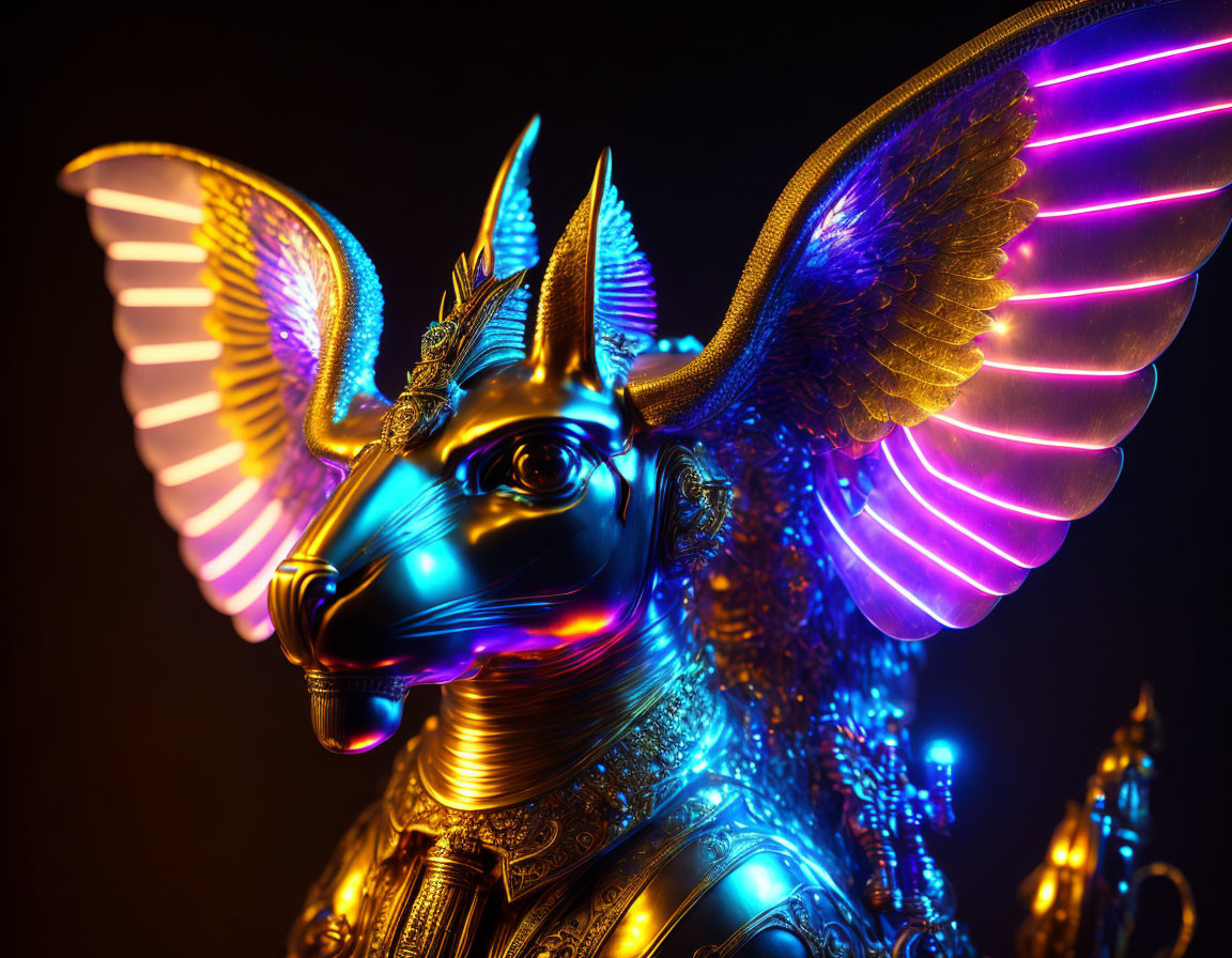 Egyptian Anubis Mask with Neon Wings and Golden Details