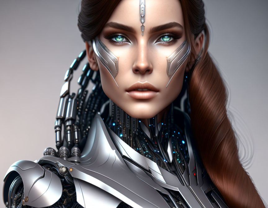 Detailed Female Cyborg Artwork with Glowing Blue Elements