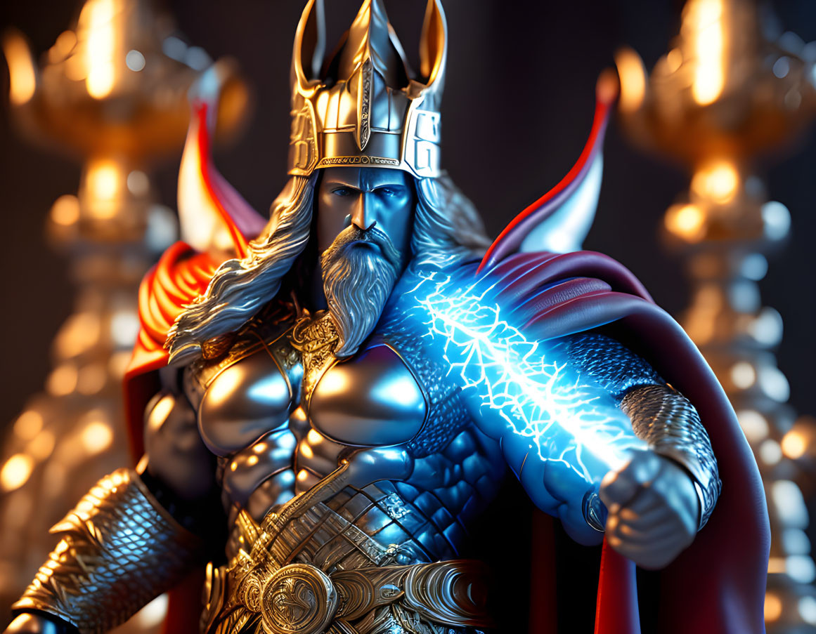 Illustration of Norse god-like figure with winged helmet, blue lightning, and red cape