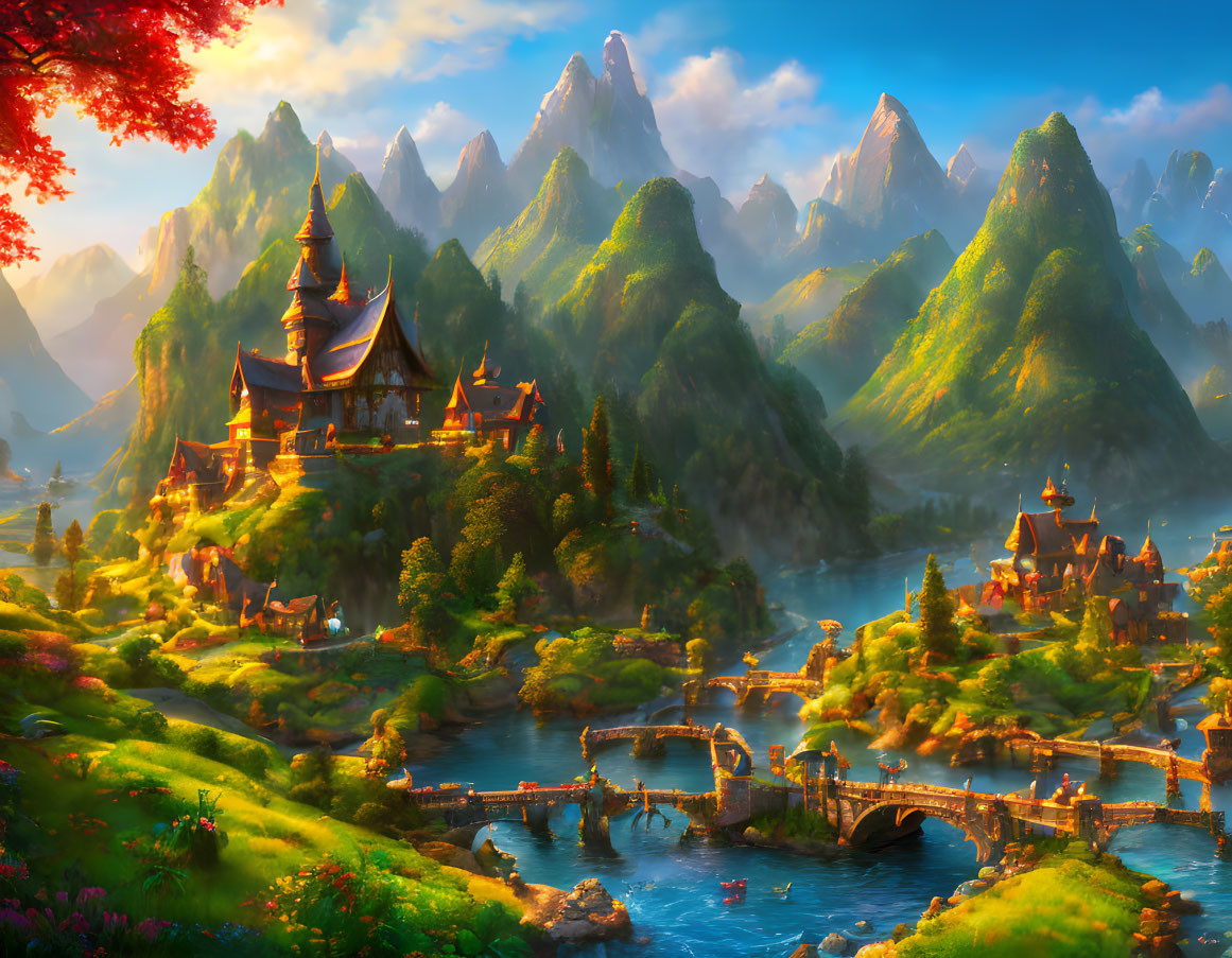 Majestic castle in fantastical mountain landscape