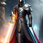 Knight in ornate armor with glowing sword amidst dark shapes and fiery backdrop