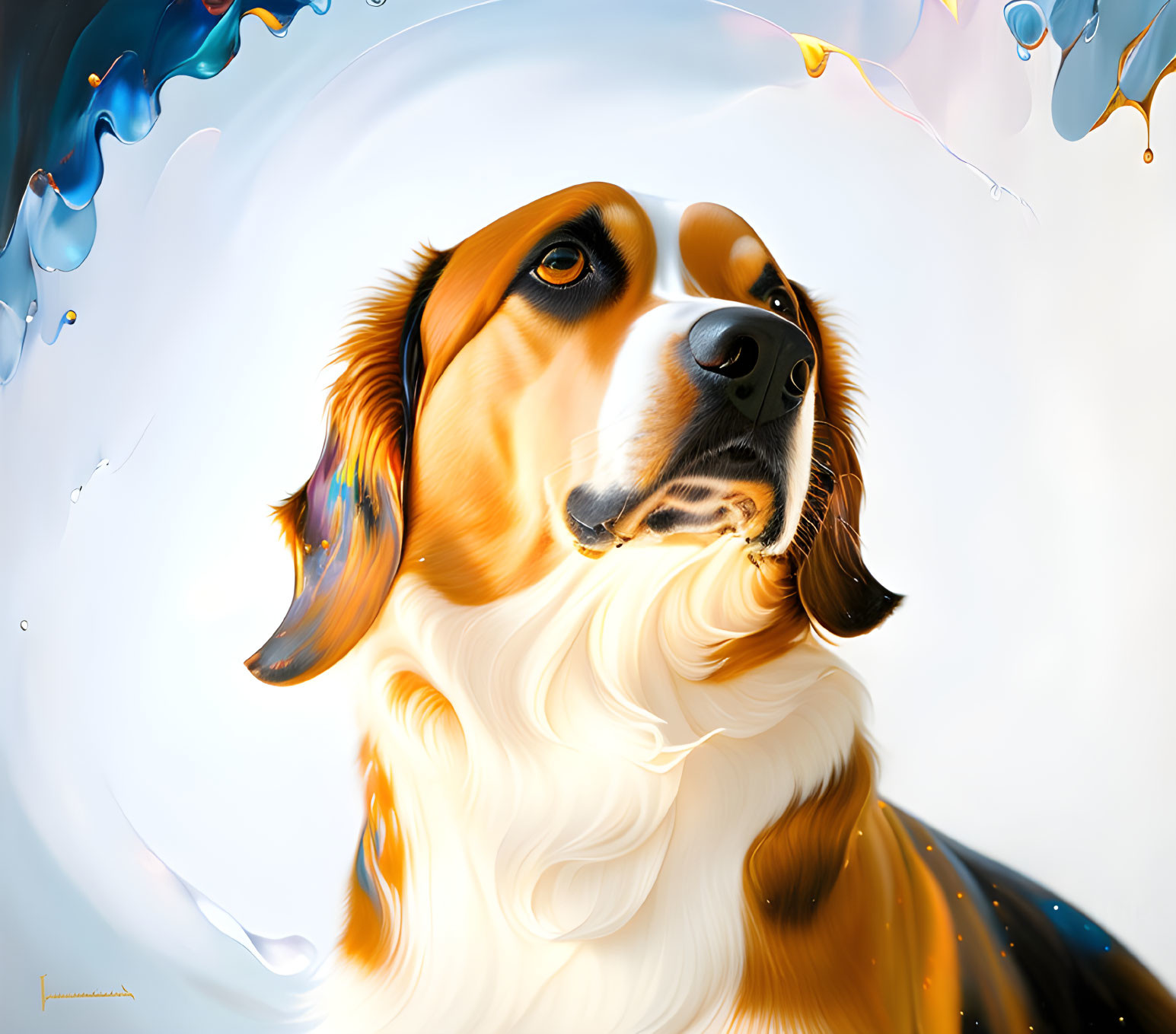 Colorful digital artwork: Beagle with wavy fur in abstract blue and orange swirls