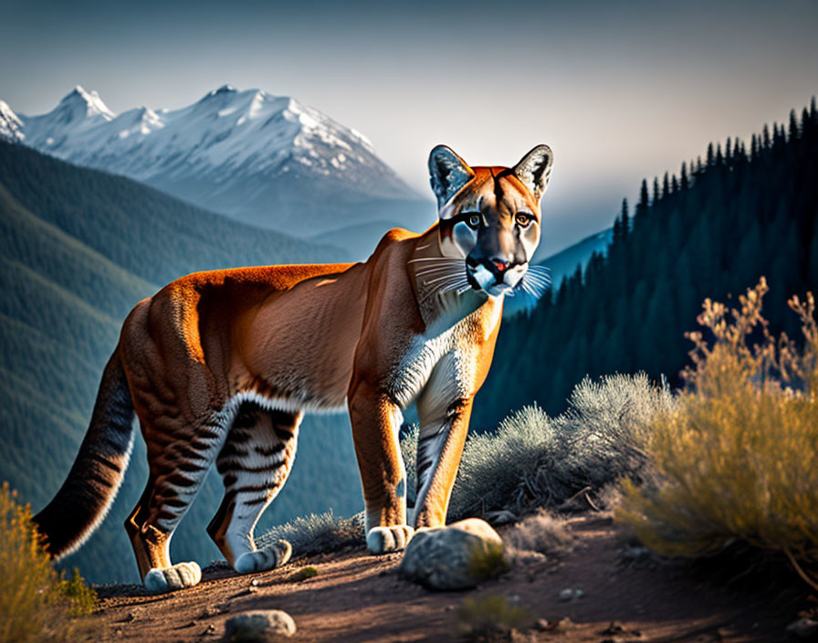 Majestic mountain lion on snowy hillside at sunrise or sunset