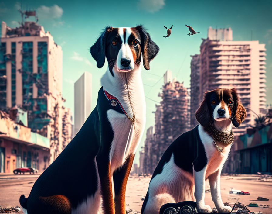 Two dogs in heroic capes in urban landscape with birds.