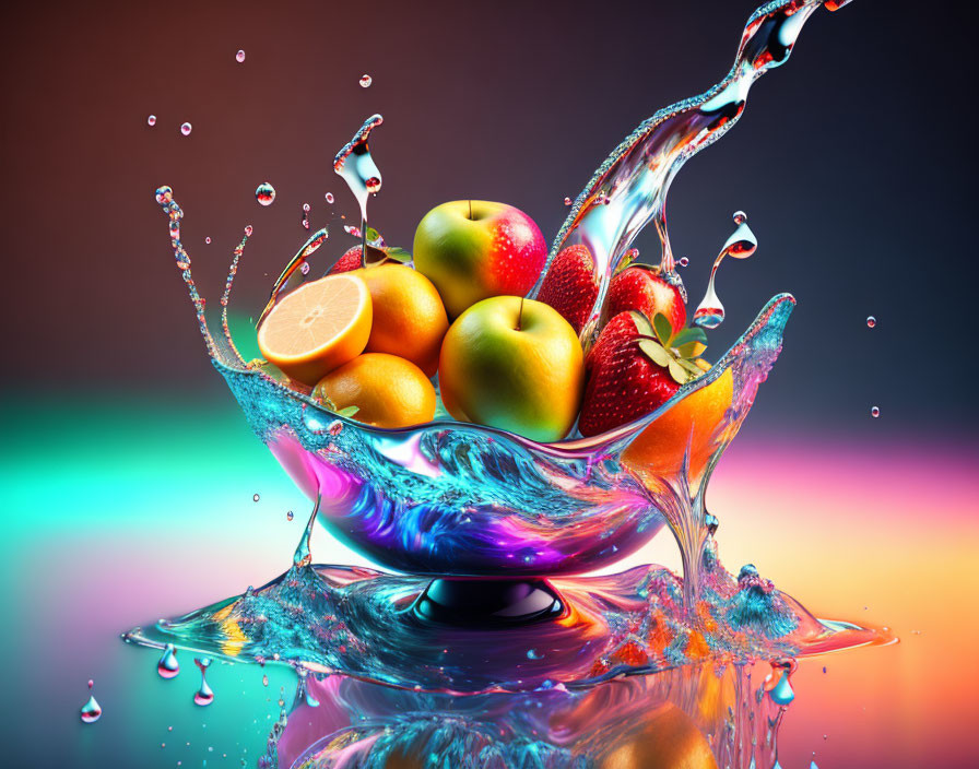 Fresh apples and lemon in water splash on colorful background