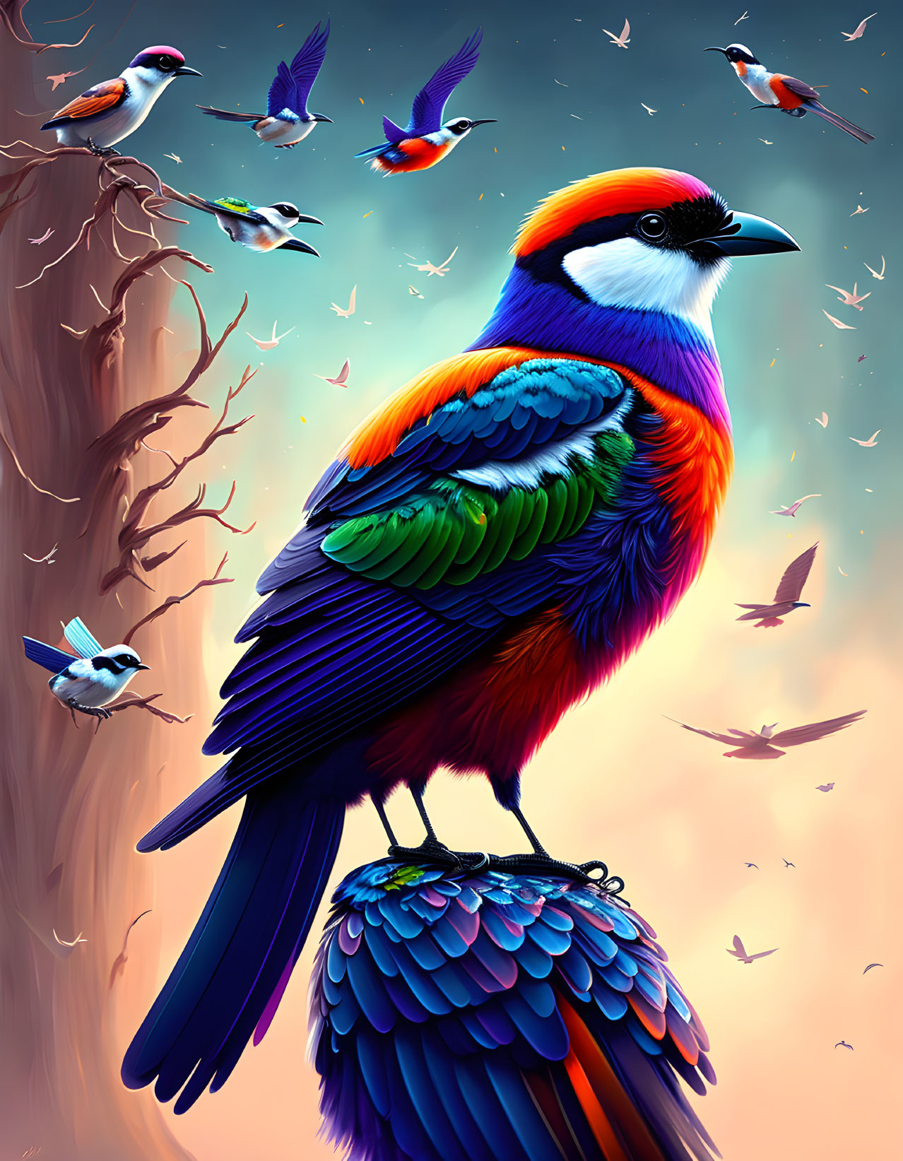 Colorful Rainbow Bird Perched on Branch with Fluttering Birds in Twilight Sky