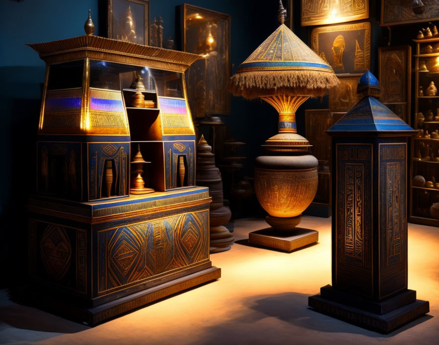 Ancient Egyptian themed artifacts in dimly lit room