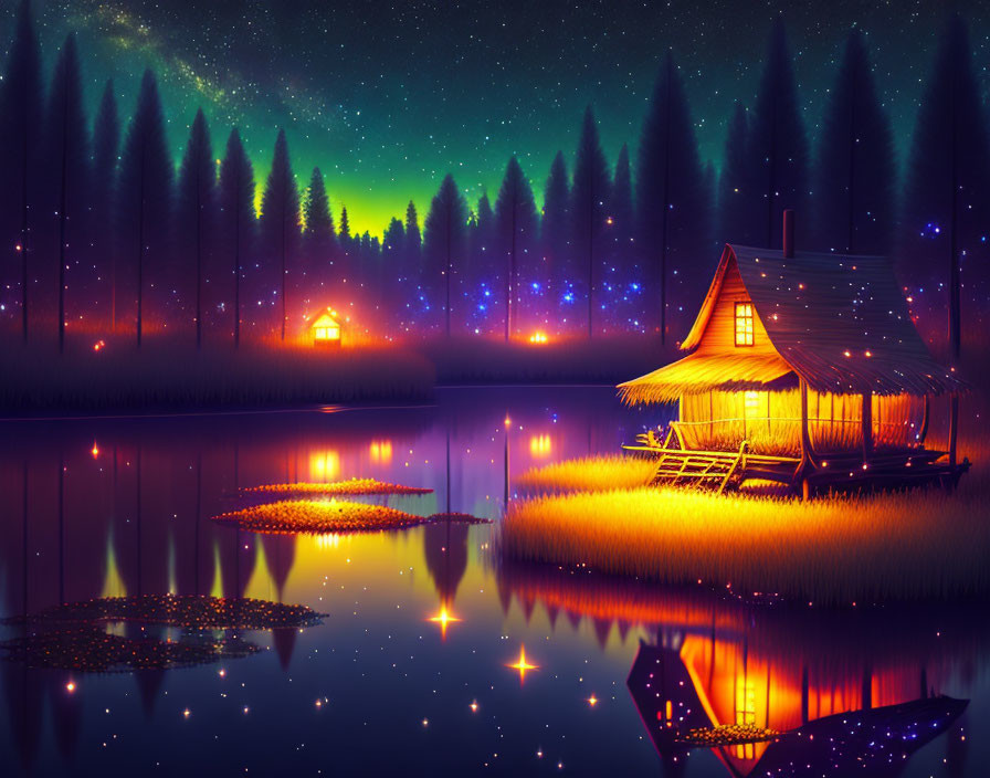 Tranquil night landscape: glowing cabin by lake, starlit sky, trees reflected on water.