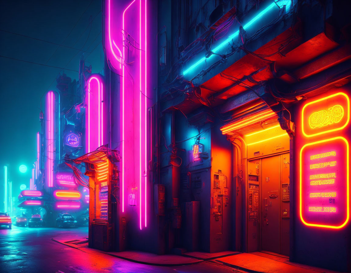 Vibrant Neon-lit Cyberpunk City Alley at Night