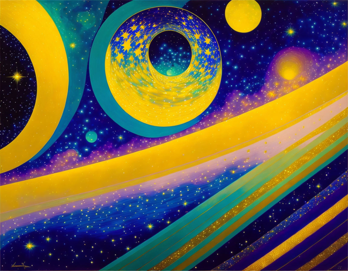 Vibrant abstract space illustration with stars, planets, and cosmic patterns