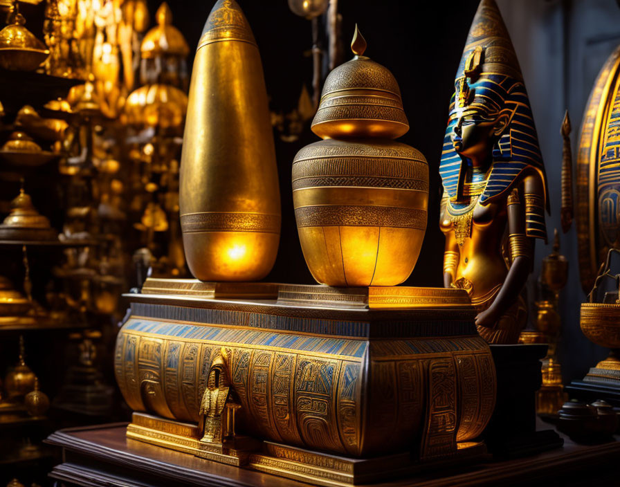 Egyptian sarcophagus and canopic jars with hieroglyphics in golden light.