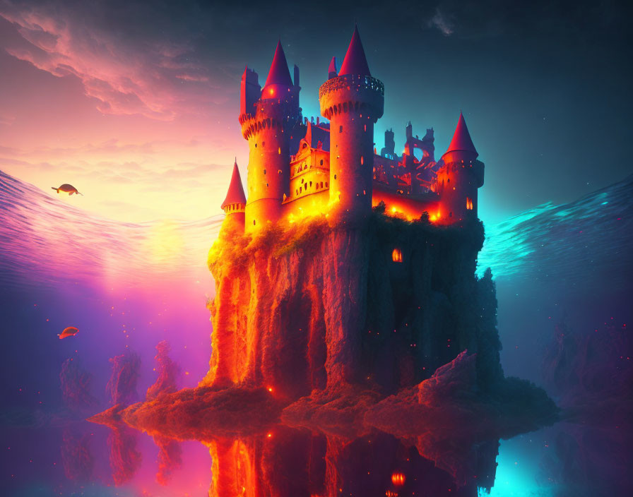 Fantasy castle on cliff with neon hues, water, fish, whale, dusk sky.