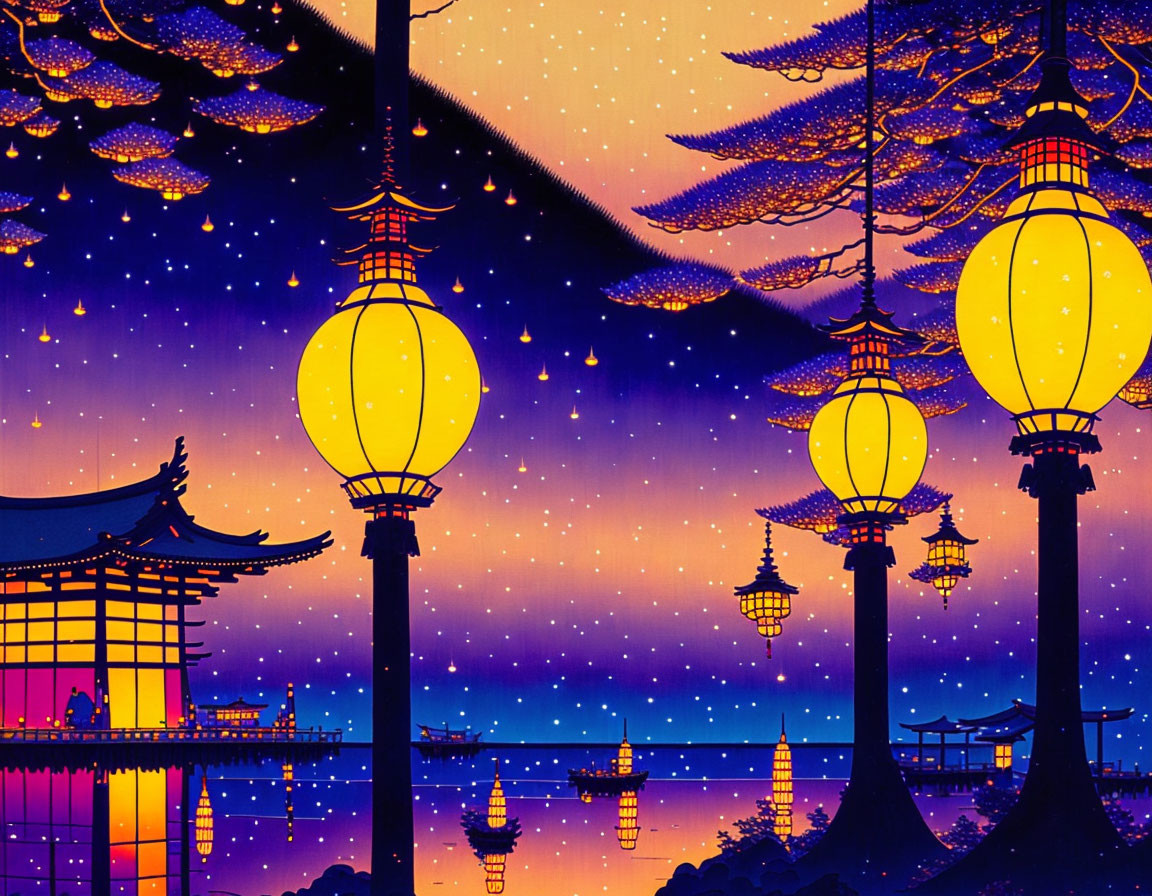 Illustration of Tranquil Evening with Lanterns and Pagoda