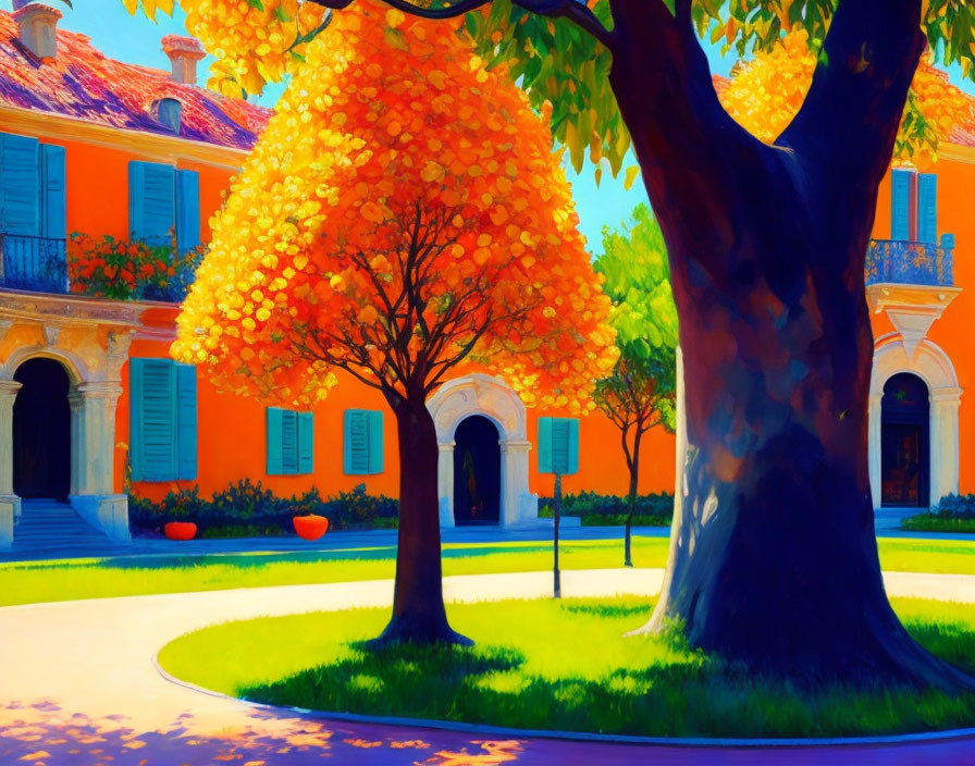 Colorful painting: Tree with orange foliage, orange building with blue shutters, blue shadows.