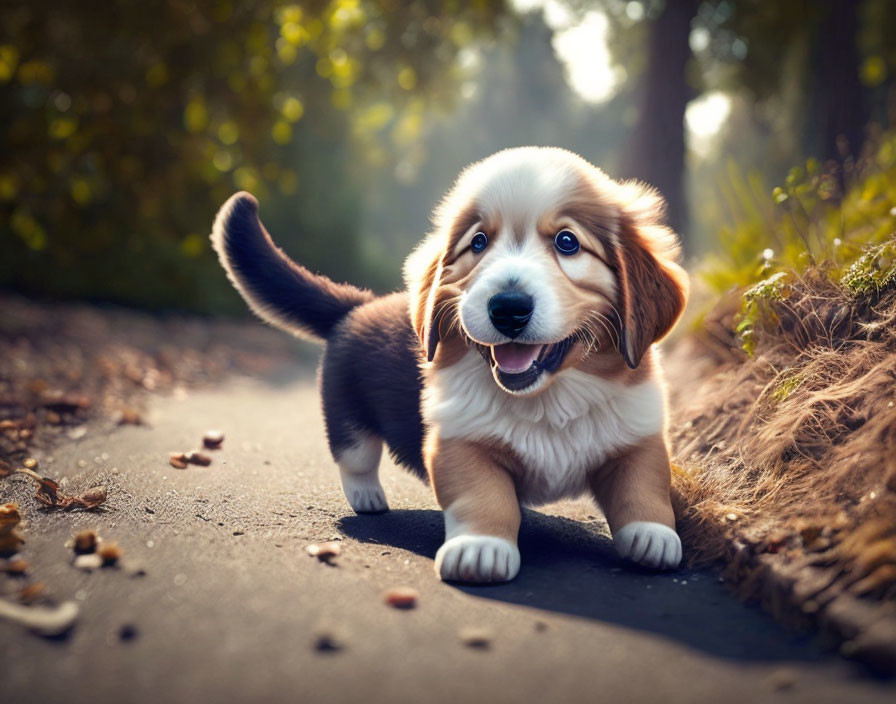 Adorable puppy on sunny nature path