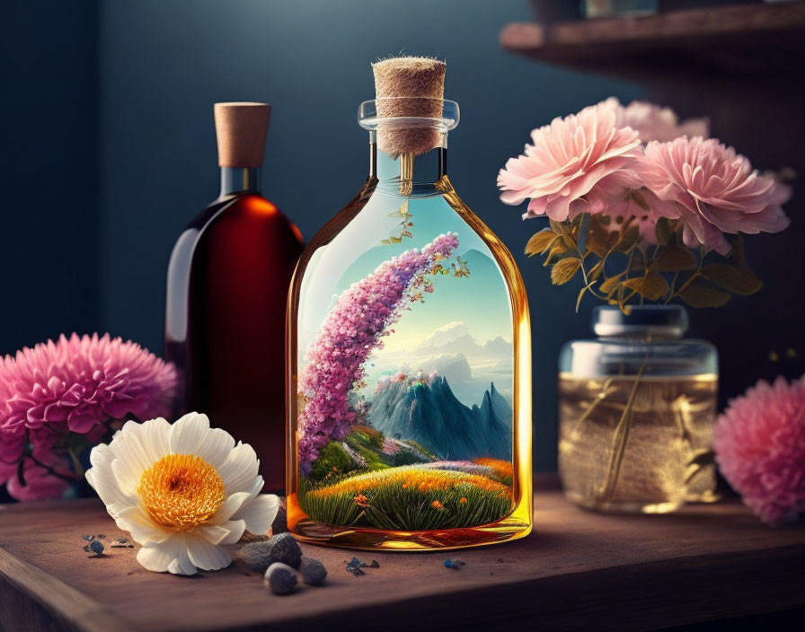 Colorful Still-Life Composition with Transparent Bottle and Painted Landscape