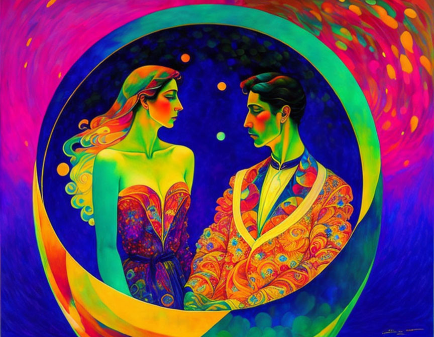 Colorful Artwork of Man and Woman in Ornate Clothing with Psychedelic Background