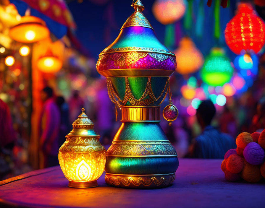 Traditional Lanterns Illuminated on Table with Bokeh Lights at Night Market