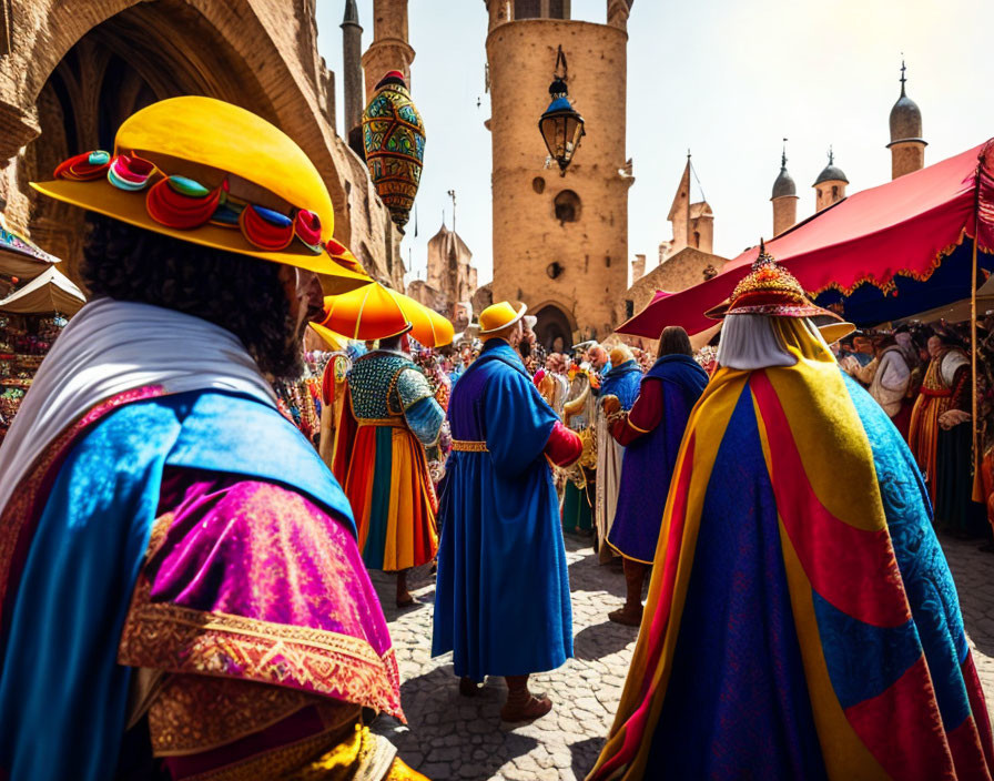 Colorful traditional costumes in bustling market street with historical architecture