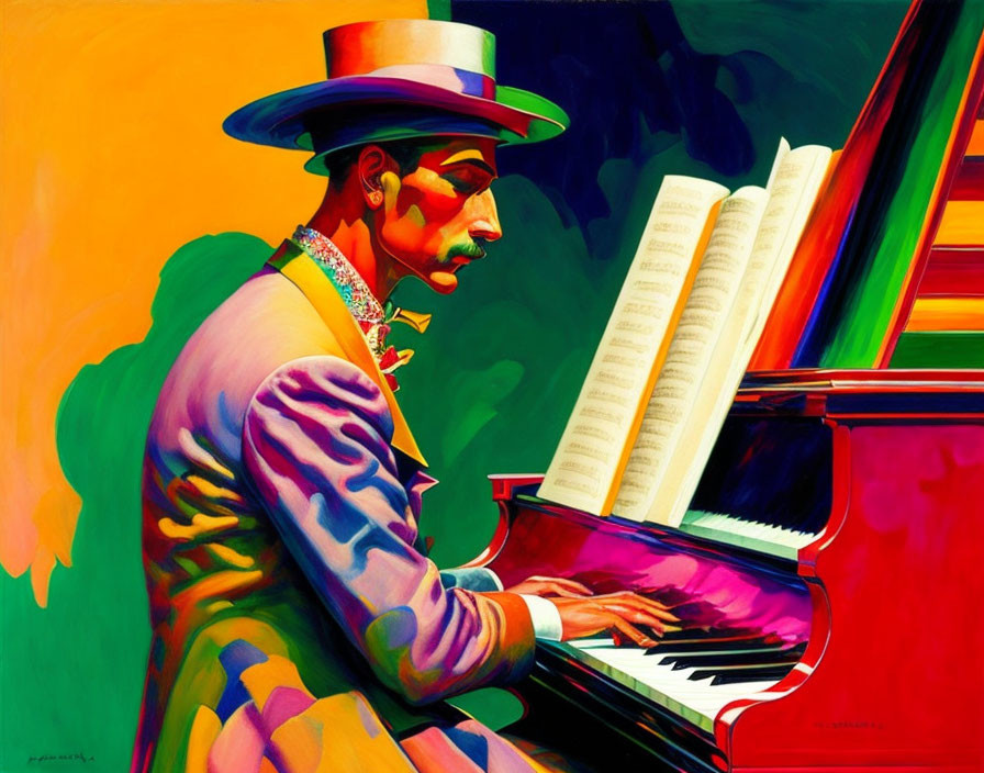 Vibrant painting of stylish man playing piano with dramatic colors