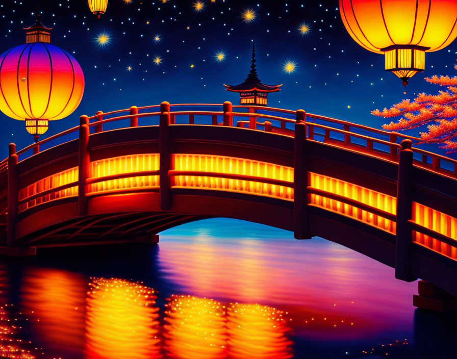 Tranquil night landscape: wooden bridge, red lanterns, starlit sky, pagoda silhouette