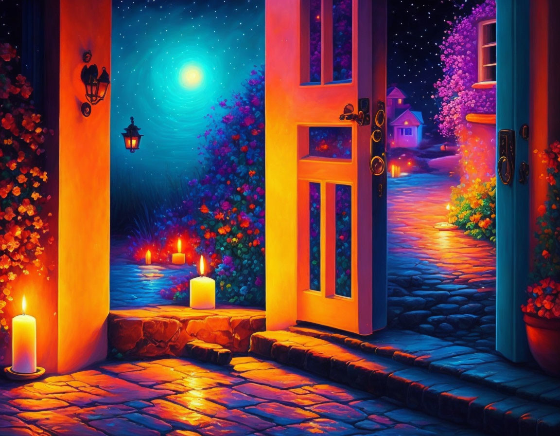 Moonlit Path Surrounded by Lush Flowers and Candlelight