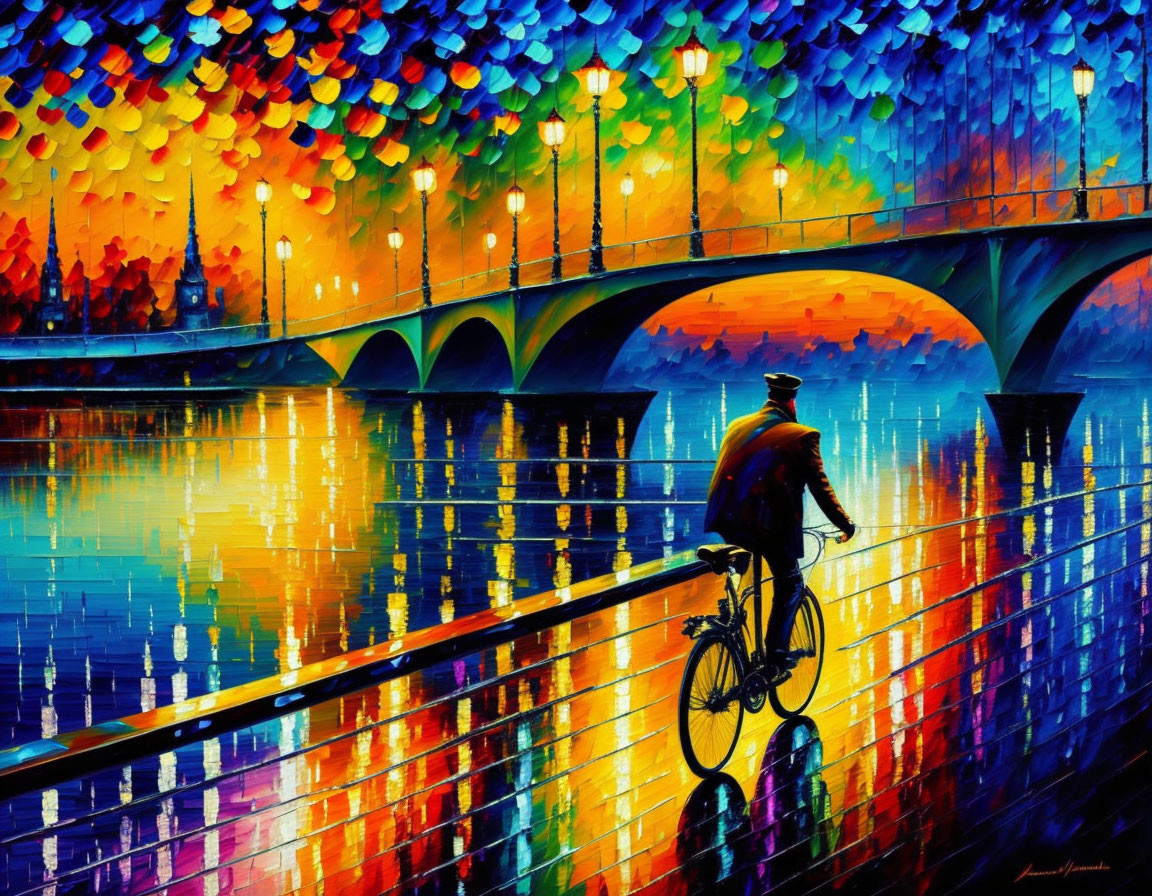 Vibrant impressionistic painting: person cycling by river with colorful bridge