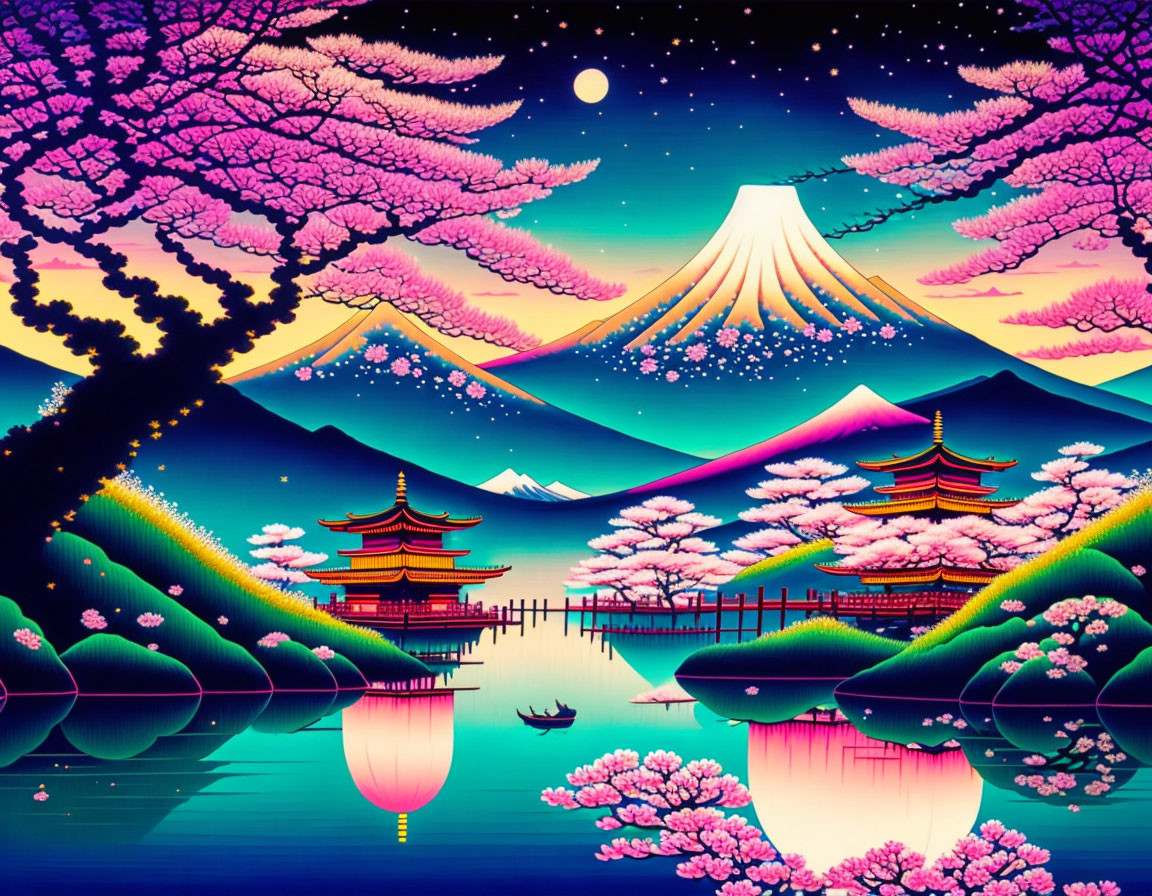 Nighttime Mount Fuji scene with cherry blossoms, pagodas, lake, boat & starry