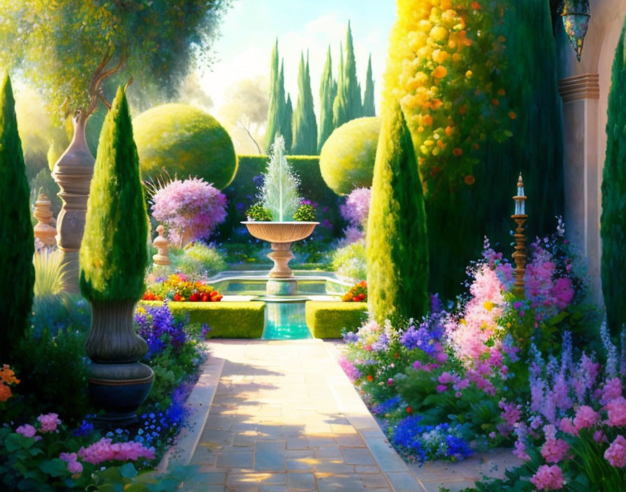 Tranquil garden scene with fountain, blooming flowers, topiary shrubs, and c