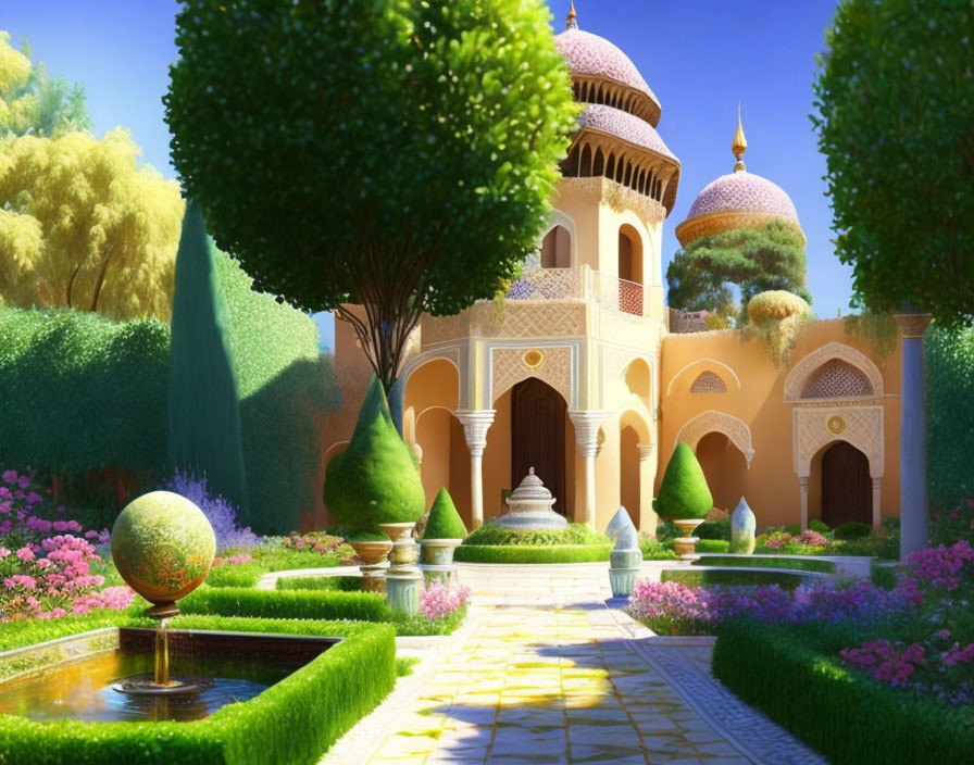 Lush palace garden with blooming flowers, fountain, and pavilions