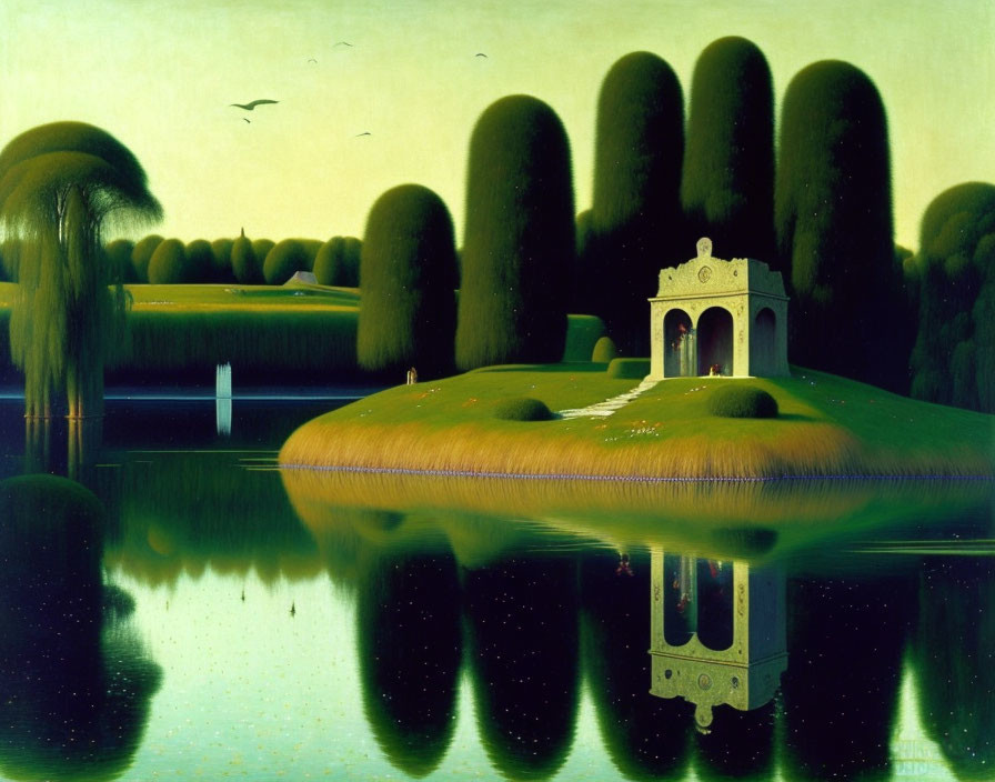 Tranquil painting of pavilion on islet with manicured trees by calm waters