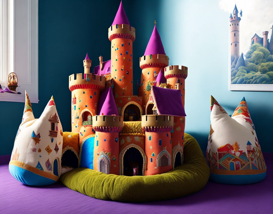 Plush Toy Castle with Cushion Houses on Green Mat against Teal Wall