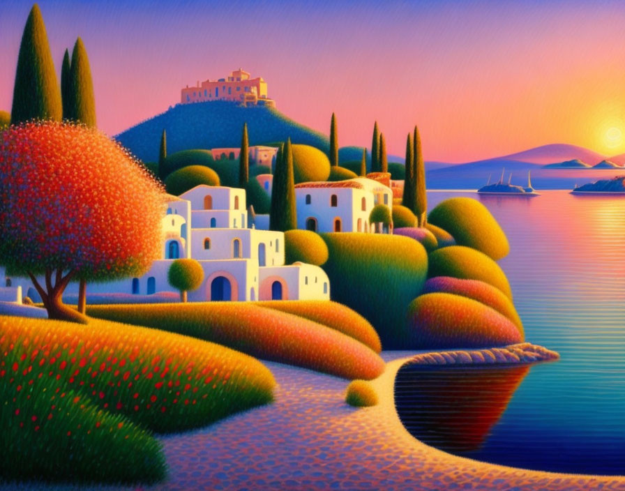 Colorful Mediterranean Sunset Landscape with Round Trees, White Buildings, Boats, and Castle