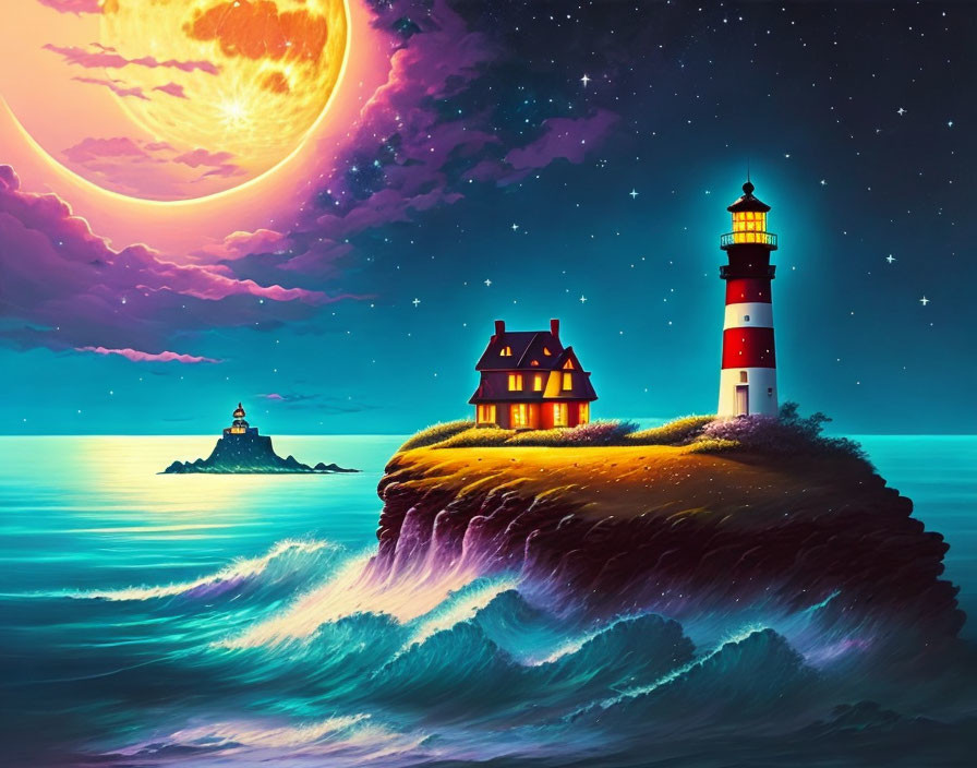 Lighthouse and house on cliff under glowing moon by calm sea