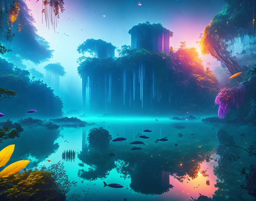 Fantastical landscape with floating islands and colorful fish in misty setting