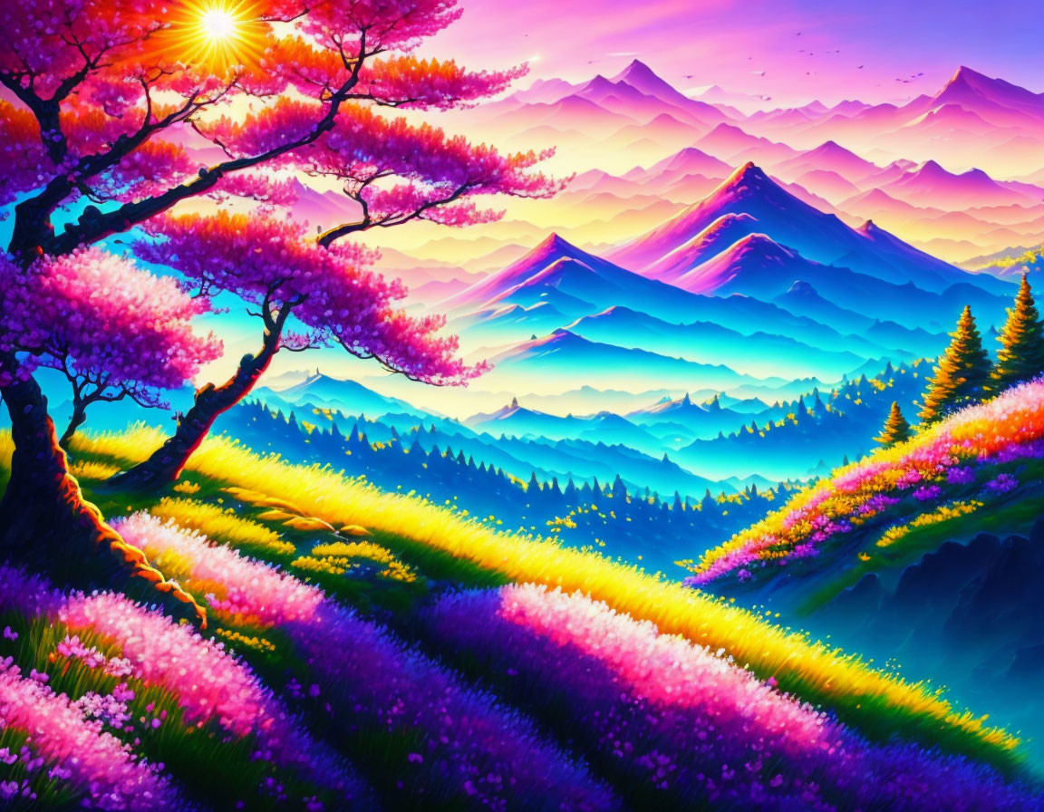 Colorful digital art: Mountain landscape at sunrise with blue peaks, cherry blossoms, and purple flowers