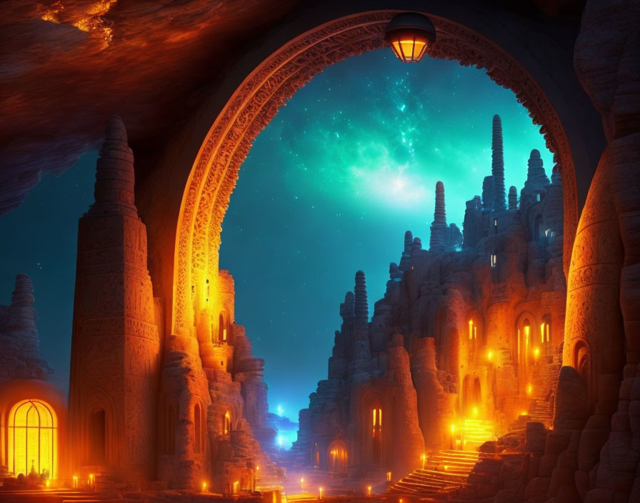 Enchanting cavern with glowing lanterns and starry sky archway