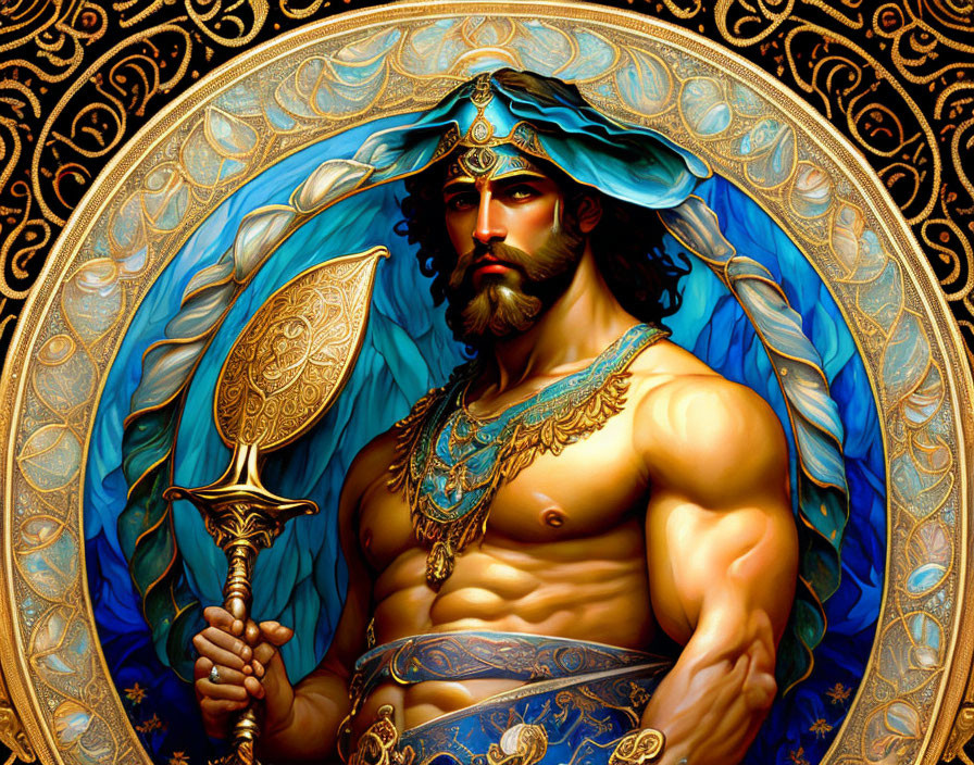 Muscular man with beard, gold jewelry, spear, blue cape, and golden patterns