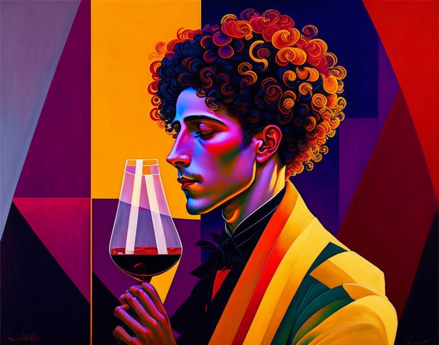 Colorful Geometric Portrait with Curly Hair and Wine Glass