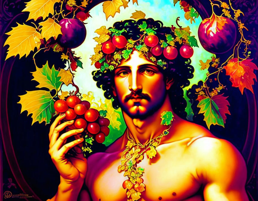 Colorful male figure with grapevines and fruits, symbolizing abundance and harvest deity