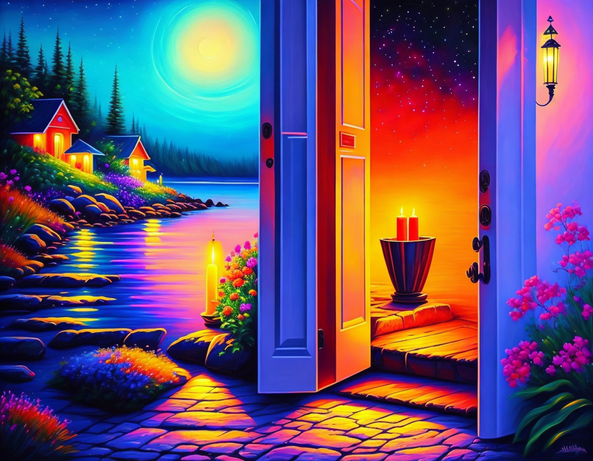 Colorful painting of moonlit night scene with open door, lantern, candle, riverbank, houses