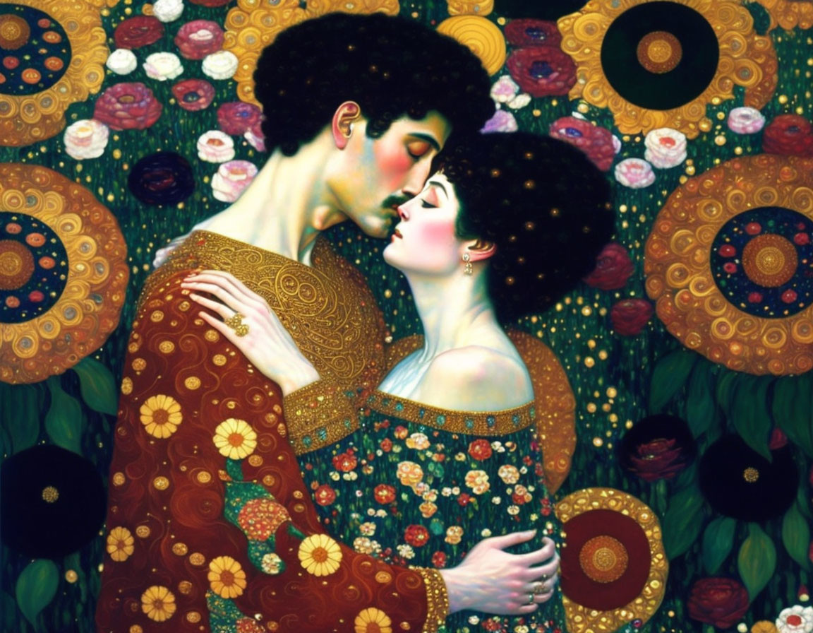 Intimate embrace painting with floral and ornate patterns