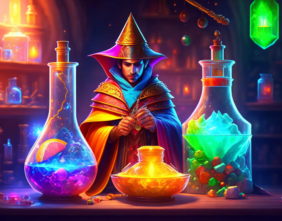 Wizard crafting potions in mystical setting