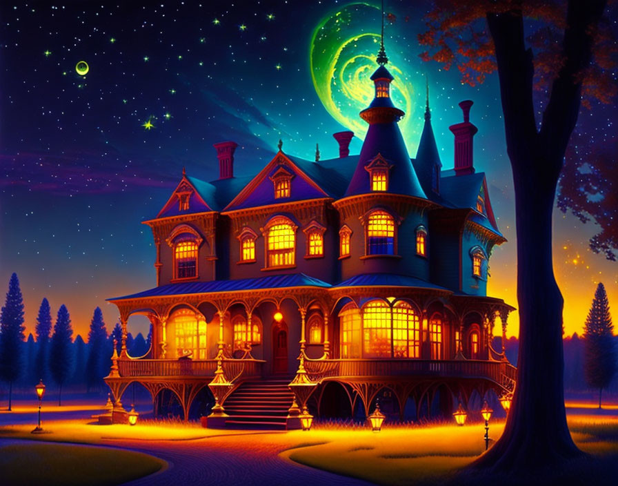 Victorian style house under starry sky with swirling galaxies