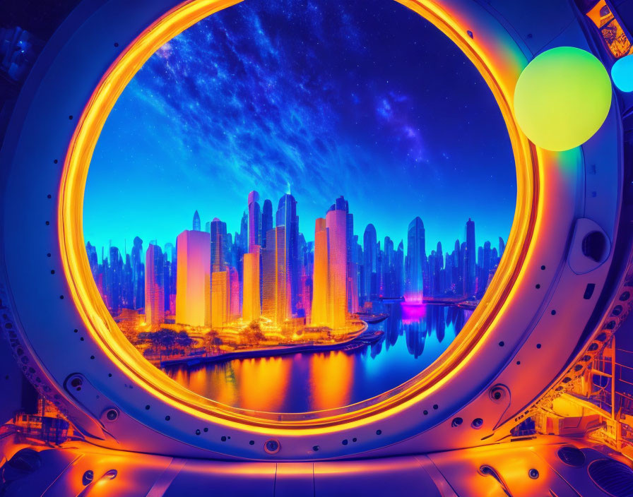 Futuristic cityscape through circular spacecraft window